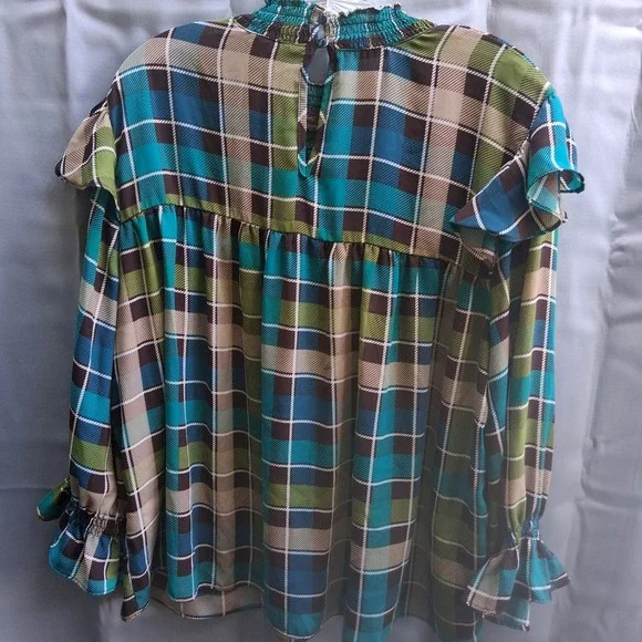 Cato Womens 18/20W Plaid Long Sleeve Blouse Smocked Neck Cuffs Green Blue Plaid - Picture 9 of 9